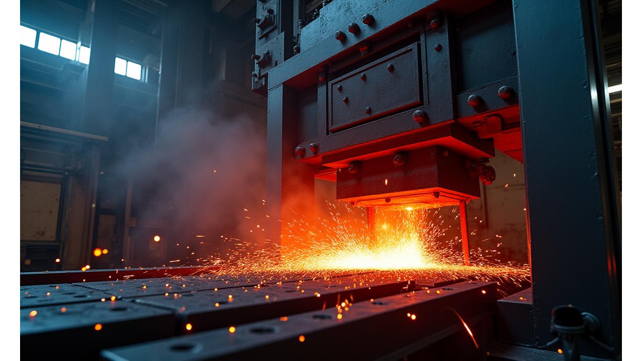 50톤 대형 단조 프레스가 고강도 금속 부품을 성형하는 모습